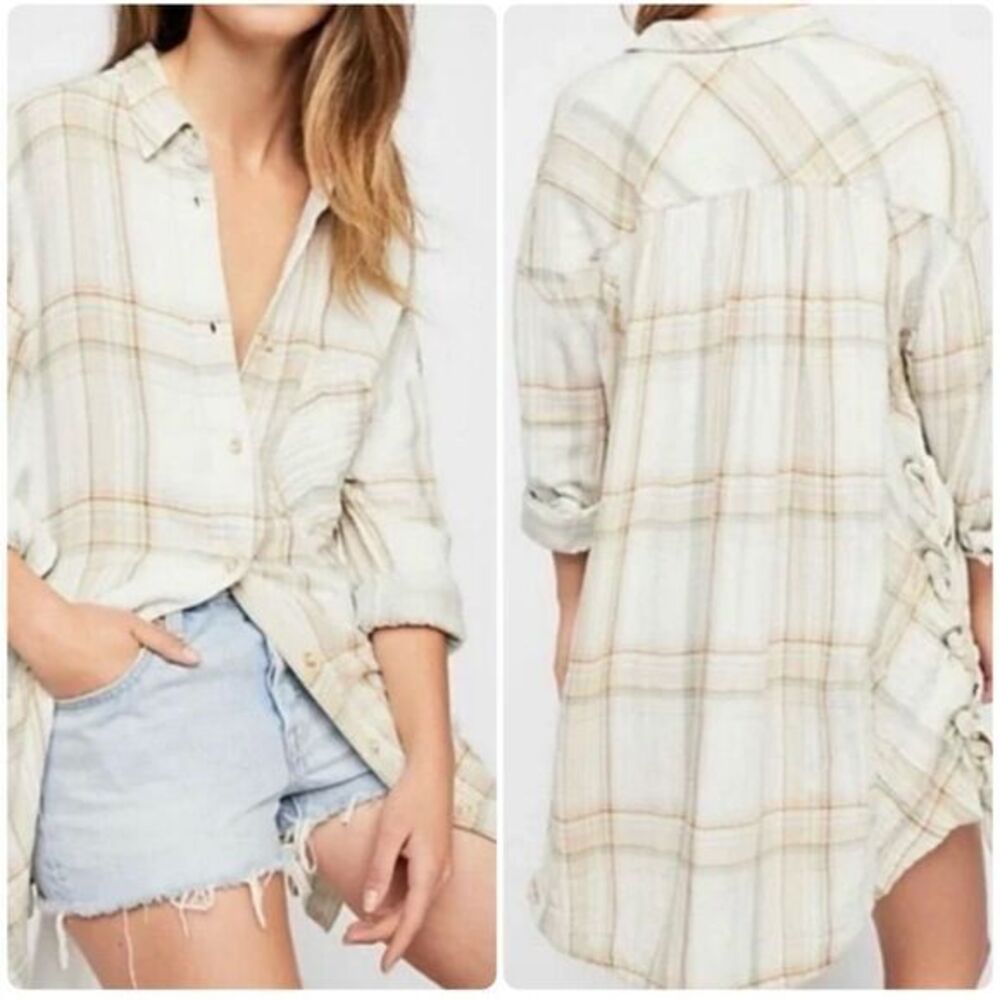 Free People Women's XS Nordic Day Plaid‎ Tie-Hem Shirt Relaxed Fit Fall